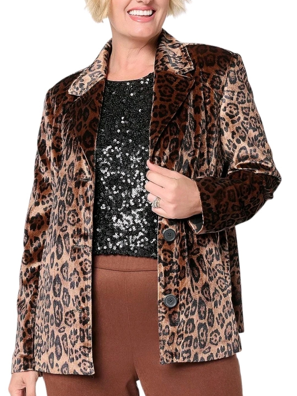 Leopard Print Velvet Blazer - Brown